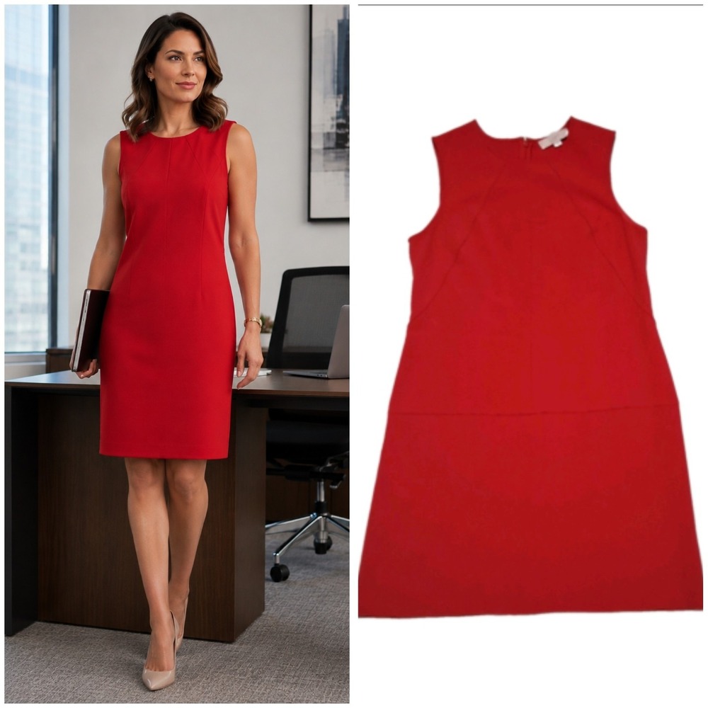 LOFT Red Structured Shift Dress Size 10 Angled Tailored Panel Seams Chic Career